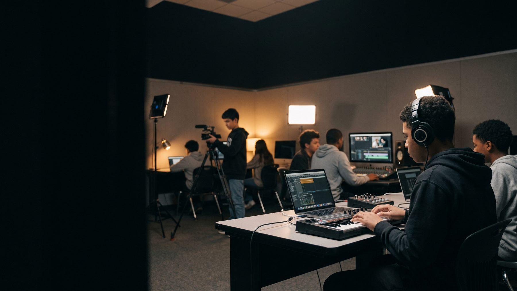 A young person in headphones producing music on a laptop and controller in a creative lab, with other students working behind them
